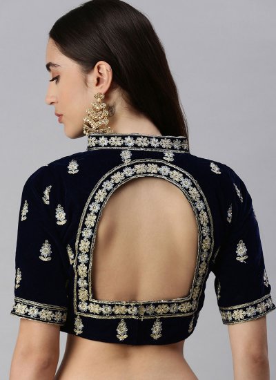 Designer Blouse Embroidered Velvet in Navy Blue