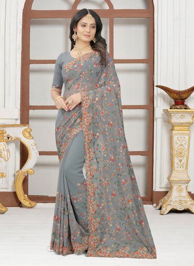 Designer Contemporary Style Saree Embroidered Georgette in Grey