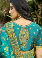 Designer Half N Half Saree Resham Banarasi Silk in Aqua Blue and Green