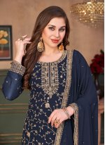 Designer Pakistani Suit Embroidered Faux Georgette in Blue