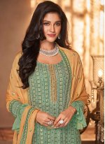 Designer Pakistani Suit Embroidered Faux Georgette in Sea Green