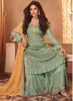 Designer Pakistani Suit Embroidered Faux Georgette in Sea Green