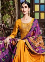 Designer Pakistani Suit Embroidered Jacquard Silk in Yellow