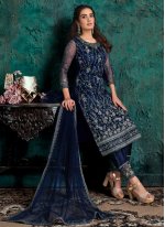 Designer Pakistani Suit Embroidered Net in Navy Blue