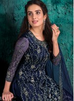 Designer Pakistani Suit Embroidered Net in Navy Blue