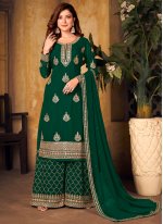 Designer Palazzo Salwar Suit Embroidered Faux Georgette in Green