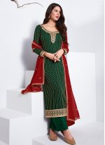 Designer Palazzo Suit Embroidered Faux Georgette in Green
