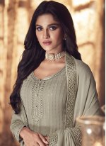 Designer Palazzo Suit Embroidered Faux Georgette in Grey