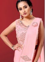 Designer Ready Pleated Saree Embroidered Lycra in Pink