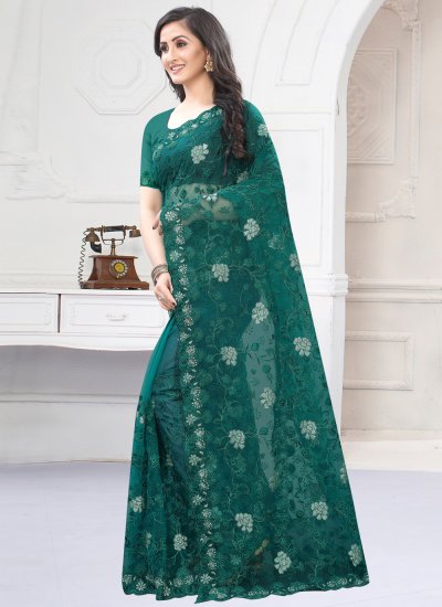 Designer Saree Embroidered Net in Green