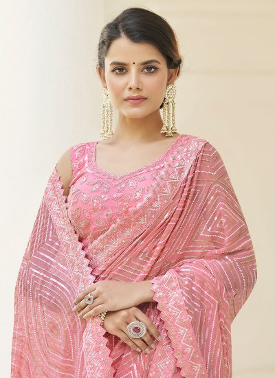 Designer Saree Patch Border Faux Georgette in Pink