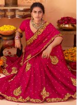 Designer Saree Patch Border Vichitra Silk in Hot Pink