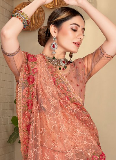 Designer Saree Zari Net in Peach