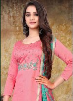 Designer Straight Salwar Suit Embroidered Chanderi in Pink