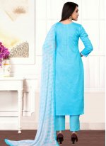 Designer Straight Suit Embroidered Cotton in Blue