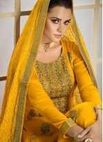 Designer Straight Suit Embroidered Faux Chiffon in Yellow