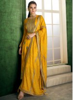 Designer Straight Suit Embroidered Faux Chiffon in Yellow