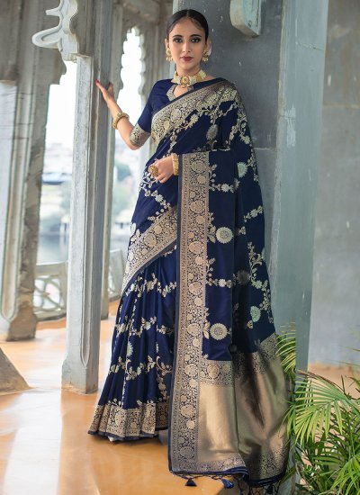 Designer Traditional Saree Weaving Banarasi Silk in Navy Blue