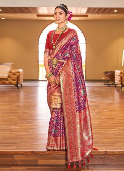 Designer Traditional Saree Weaving Patola Silk  in Purple and Red