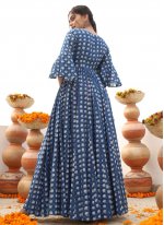 Desirable Digital Print Blue Cotton Designer Gown