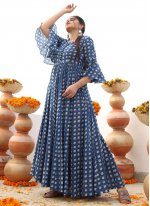 Desirable Digital Print Blue Cotton Designer Gown