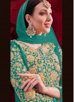 Desirable Embroidered Faux Georgette Sea Green Anarkali Suit