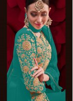 Desirable Embroidered Faux Georgette Sea Green Anarkali Suit