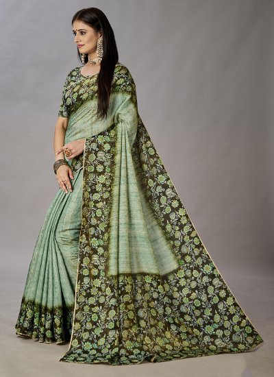 Desirable Green Digital Print Jacquard Silk Classic Designer Saree
