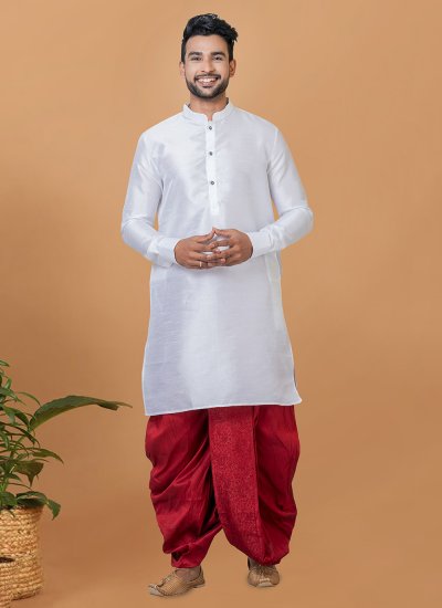 Dhoti Kurta Plain Banarasi Silk in White