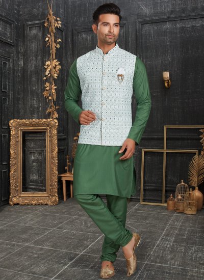 Digital Print Cotton Kurta Payjama With Jacket in Green and Off White