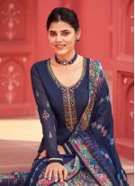Digital Print Faux Crepe Designer Pakistani Salwar Suit in Navy Blue