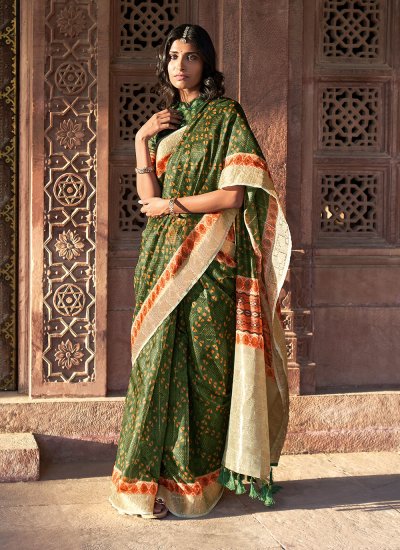 Digital Print Linen Trendy Saree in Green