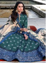 Digital Print Silk Readymade Anarkali Suit in Green