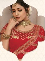 Dignified Embroidered Satin Silk Red Classic Designer Saree