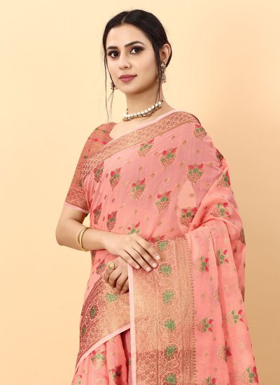 Dignified Weaving Peach Cotton Silk Trendy Saree
