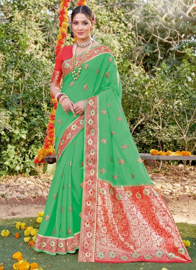 Dilettante Cotton Embroidered Green Classic Designer Saree