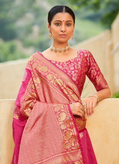 Dilettante Hot Pink Weaving Traditional Designer Saree