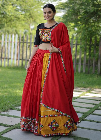 SCAKHI Mustard & Red Printed Lehenga Choli Set With Dupatta