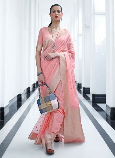 Distinctive Silk Weaving Pink Contemporary Saree