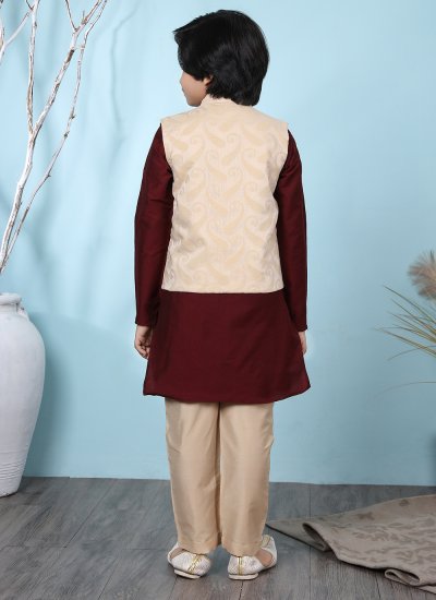 Distinctively Beige and Maroon Cotton Silk Jacquard Work Kurta Payjama With Jacket