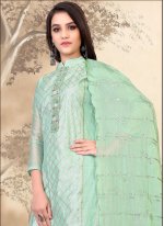 Distinctively Embroidered Turquoise Chanderi Pant Style Suit