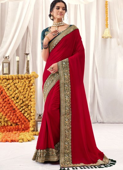 Distinctively Georgette Border Red Classic Saree