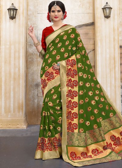 Distinctively Green Weaving Art Silk Traditional Saree