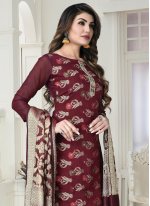 Distinguishable Weaving Maroon Banarasi Jacquard Salwar Suit