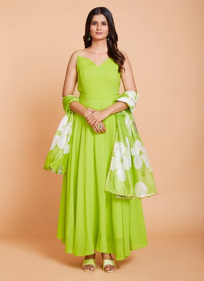 Divine Faux Georgette Plain Green Designer Gown