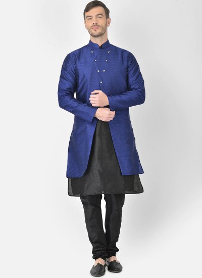 Dupion Silk Black and Blue Fancy Kurta Payjama With Jacket