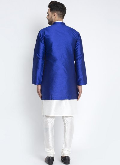 Dupion Silk Blue and White Kurta Payjama With Jacket