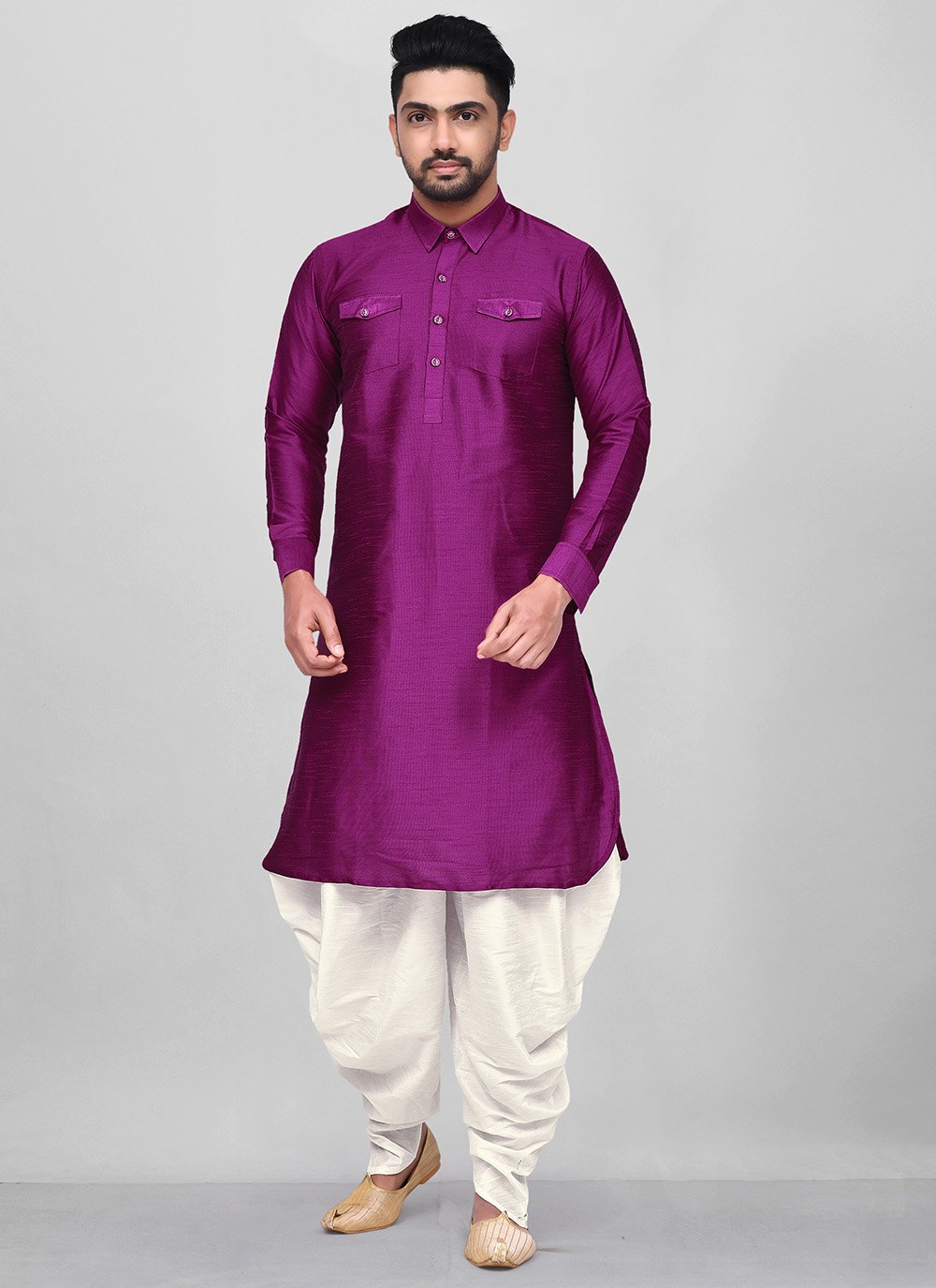Dupion Silk Dhoti Kurta in Purple - Dupion Silk Dhoti Kurta in Purple -
