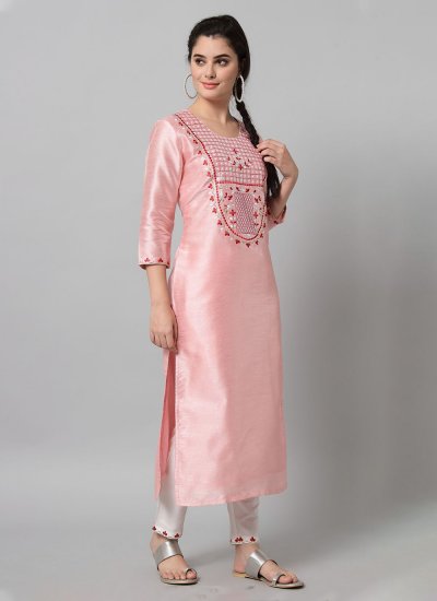 Dupion Silk Embroidered Pant Style Suit in Pink