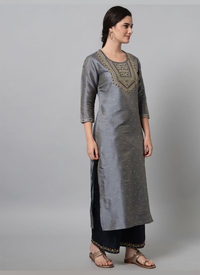 Dupion Silk Embroidered Straight Suit in Grey